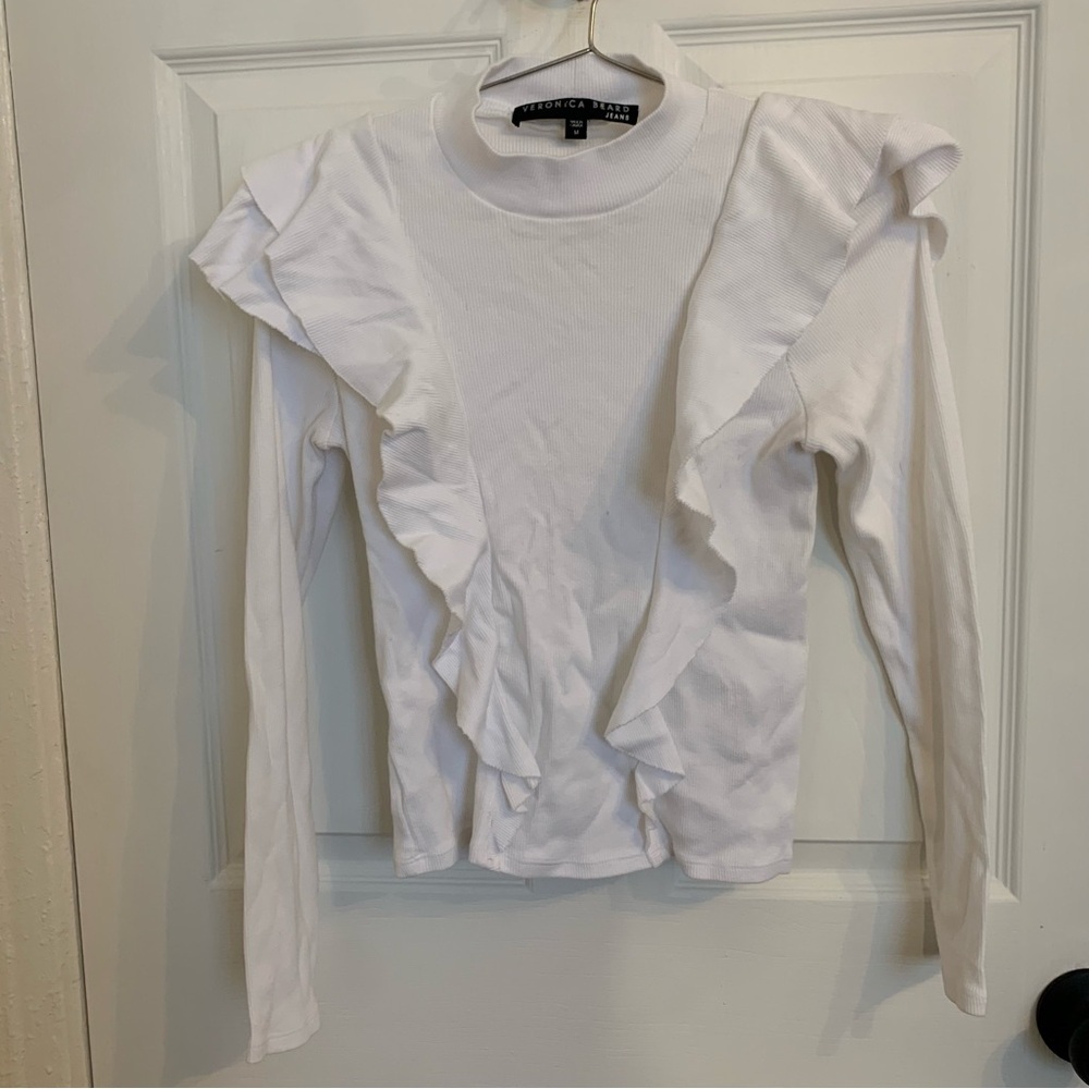 Veronica Beard White Ruffle Mock Turtleneck